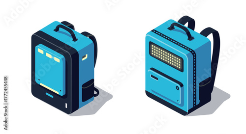 Modern isometric backpacks for technology and travel enthusiasts