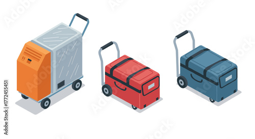 Isometric industrial trolleys with luggage on wheels in red and blue