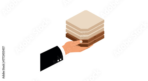 Isometric concept of hand holding stacked pizza boxes in business attire