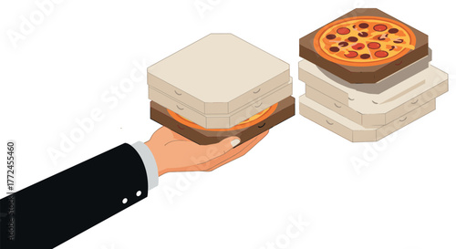Hand holding pizza boxes with assorted pizzas in a flat design style
