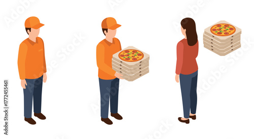 Isometric delivery scene courier handing pizza boxes to customer