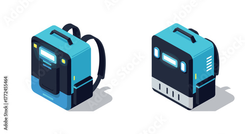 Isometric smart backpack and delivery box design with futuristic technology elements