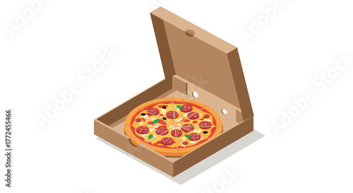 Delicious pizza in open cardboard box ready to serve