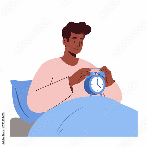 Flat Design Sad Man Turning Off Alarm Clock in Bed Illustration