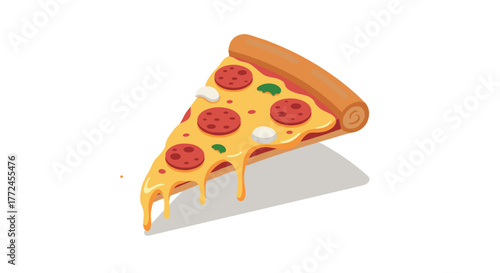 Delicious pepperoni pizza slice with melting cheese in isometric style