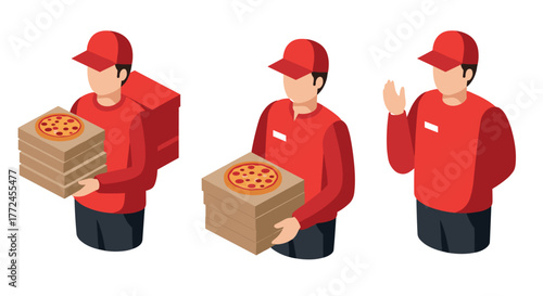 Isometric delivery workers carrying pizza boxes in red uniform