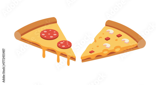 Delicious pizza slices with toppings on white background