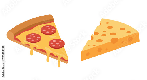 Cheese and pizza slice pair delicious flat style food illustration