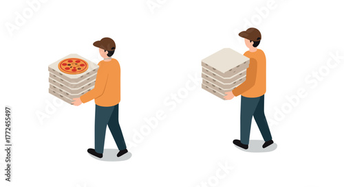 Isometric delivery scene man carrying pizza and empty boxes in casual outfit
