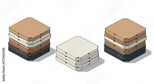 Isometric pizza boxes in stack with shadows and three color variations