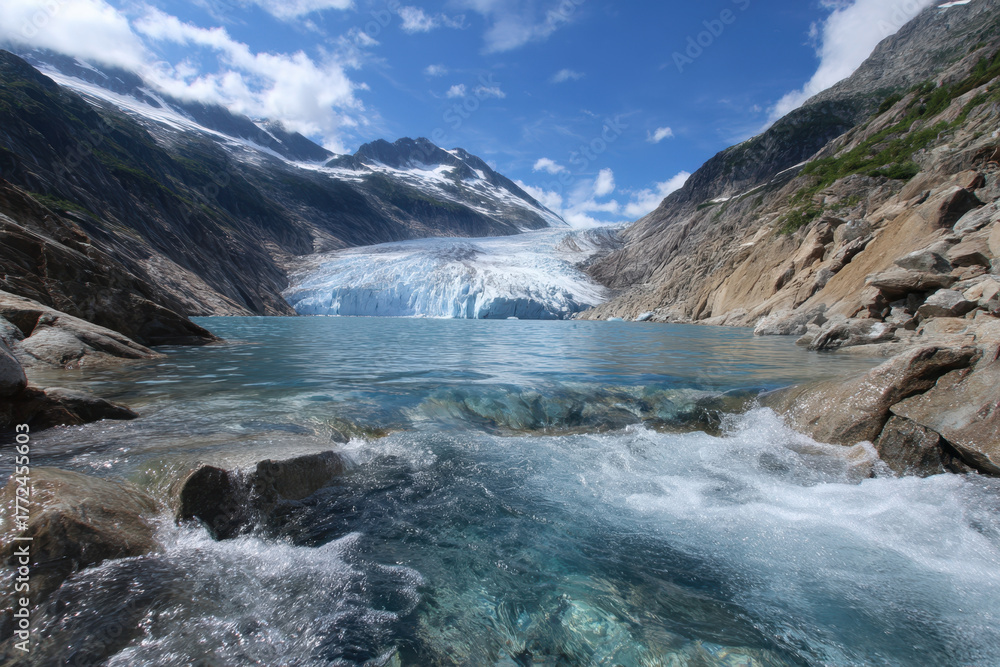 Fototapeta premium Serene glacial landscape with turquoise waters and rocky coastline under a clear blue sky
