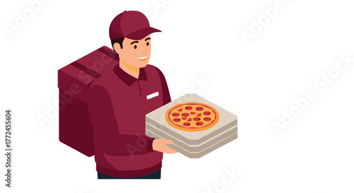 Pizza delivery service man carrying boxes in uniform