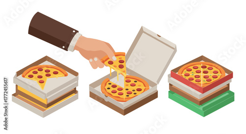 Isometric pizza slice being taken from box with stacked boxes