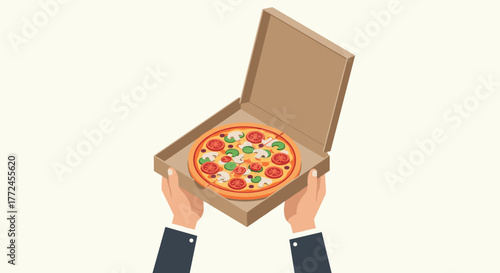 Delivering hot pizza hands holding open box with freshly topped pizza