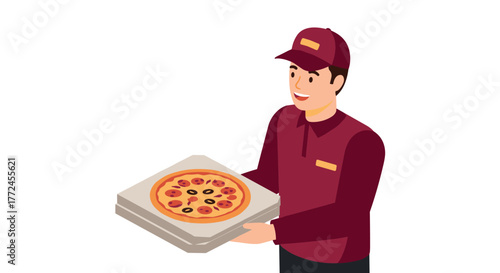 Pizza delivery worker with box of pepperoni pizza on white background