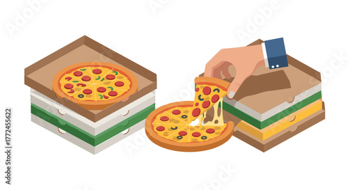 Isometric pizza boxes with slices and hand picking tasty pepperoni pizza