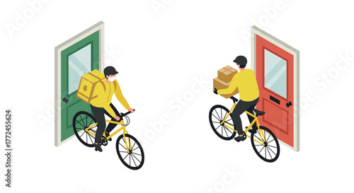 Isometric delivery cyclist entering exiting doors with packages