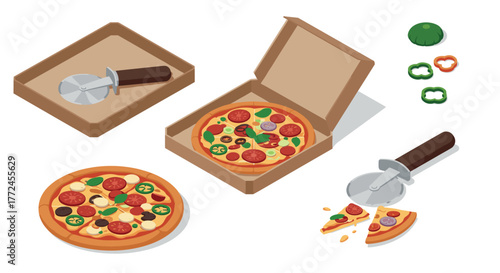 Isometric pizza icons collection with box, cutter, and slices