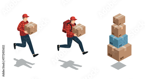 Isometric delivery process man carrying boxes and stacked packages