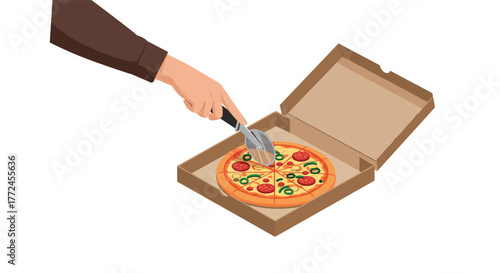 Slicing pizza in a box with a pizza cutter