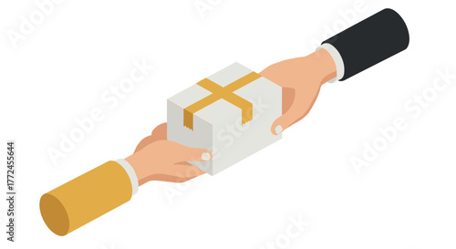 Isometric hands exchanging gift box with ribbon on white background