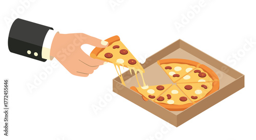 Businessperson taking a slice of pizza from box in isometric style