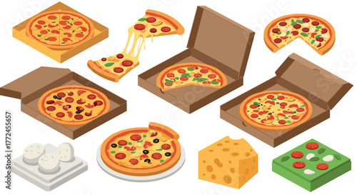 Delicious isometric pizza set with slices, boxes, and ingredients