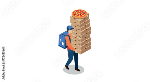 Isometric pizza delivery worker carrying tall stack of pizza boxes