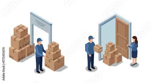 Isometric delivery process couriers with packages and customers at doorstep