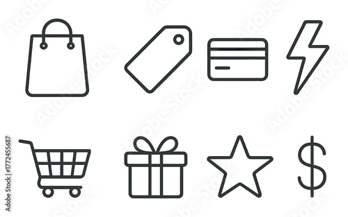 Shopping icons: bag, tag, card, lightning, cart, gift, star, dollar symbol in grey