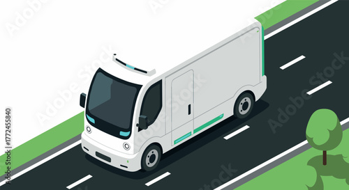 Futuristic electric delivery van on road in isometric style