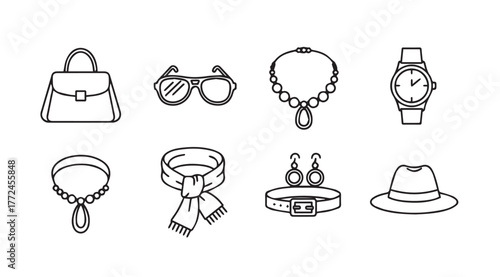 Fashion accessories collection set elegant handbag glasses necklace watch scarf hat jewelry vector