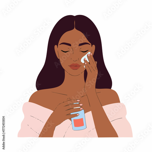 Flat Illustration Dark Skinned Woman Cleansing Face With Cotton Pad Skincare