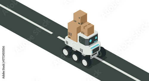 Autonomous delivery robot on road with cardboard boxes in isometric design