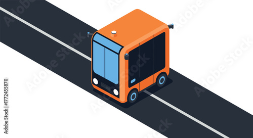 Autonomous orange vehicle on minimalist road in isometric style
