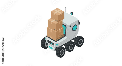 Autonomous delivery robot with packages on wheels in isometric style