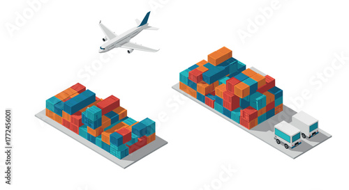 Isometric cargo logistics with plane, shipping containers, and trucks