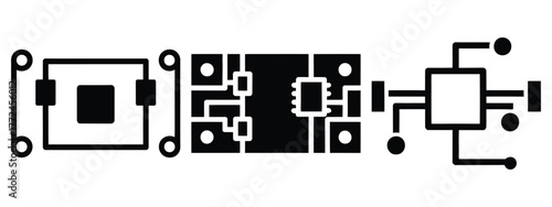 electronic circuit minimal icon set, black color and white background