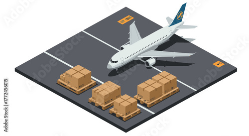 Isometric airplane with cargo pallets on tarmac at airport terminal