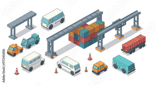 Isometric cargo operations with trucks and containers in a shipping yard