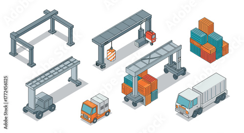 Isometric warehouse logistics trucks, cranes, and containers in efficient supply chain operations