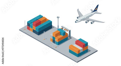 Isometric cargo logistics with shipping containers and airplane in transportation hub