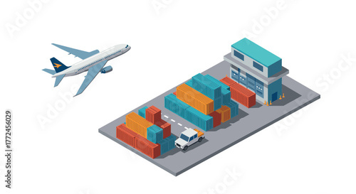 Isometric shipping and logistics scene with plane and containers