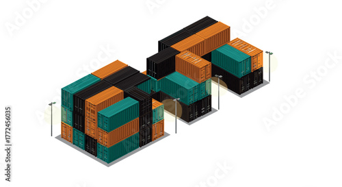 Isometric shipping containers arrangement in multicolor on white background