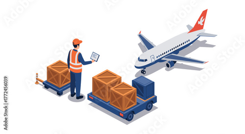 Isometric airport logistics with cargo worker and airplane scene