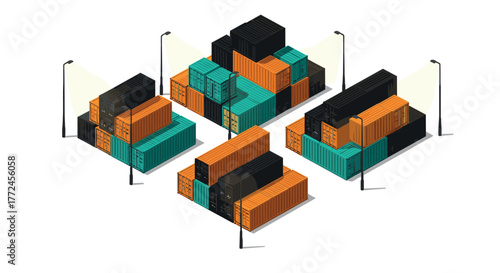 Isometric shipping container yard with stacked cargo under streetlights