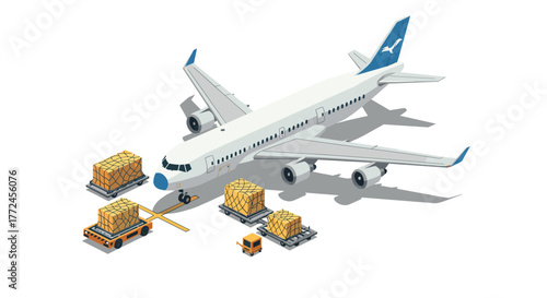 Isometric airplane cargo loading with packages and equipment on tarmac