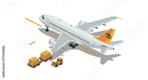 Isometric airplane illustration with cargo loading on tarmac