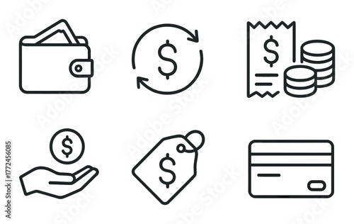 Monochrome financial icons displaying wallet, coins, credit card, and price tag