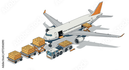 Airplane cargo loading scene with ground support equipment in isometric view